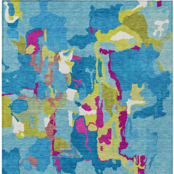 Homeroots 3' Aqua Green And Pink Abstract Washable Indoor Outdoor Area Rug - Perfect For Any Space! 8' X 10' Polyester 599535