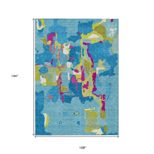 Homeroots 3' Aqua Green And Pink Abstract Washable Indoor Outdoor Area Rug - Perfect For Any Space! 9' X 12' Polyester 599536