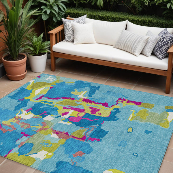 Homeroots 3' Aqua Green And Pink Abstract Washable Indoor Outdoor Area Rug - Perfect For Any Space! 9' X 12' Polyester 599536