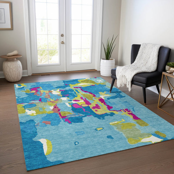 Homeroots 3' Aqua Green And Pink Abstract Washable Indoor Outdoor Area Rug - Perfect For Any Space! 10' X 14' Polyester 599537