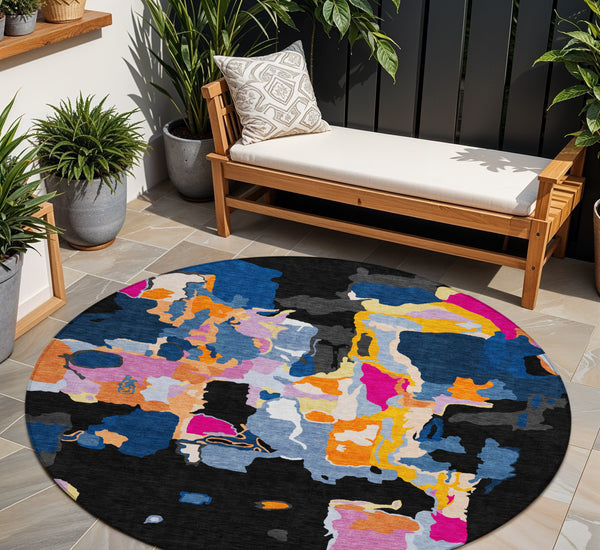 Homeroots 3' Aqua Green And Pink Abstract Washable Indoor Outdoor Area Rug - Perfect For Any Space! 8' Round Polyester 599540