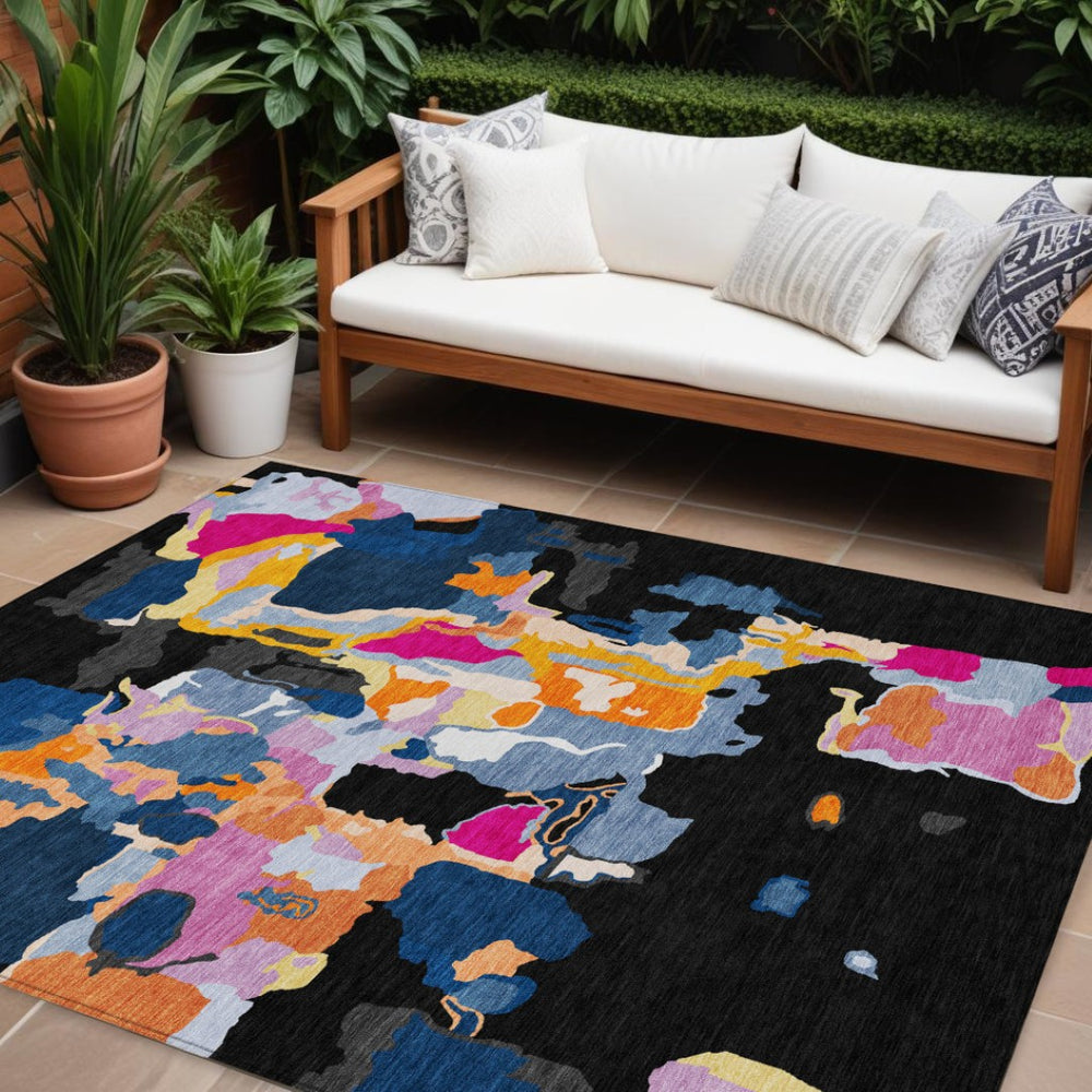 HomeRoots 9' Abstract Area Rug in Black, Blue & Pink - Durable, Washable, Indoor/Outdoor - Modern Style & Easy Care 599542