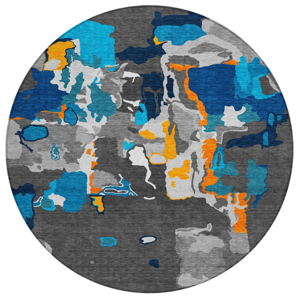 HomeRoots 5' Charcoal Copper and Teal Abstract Area Rug - Washable, Indoor/Outdoor, Durable & Stylish Design 8' Round 599546