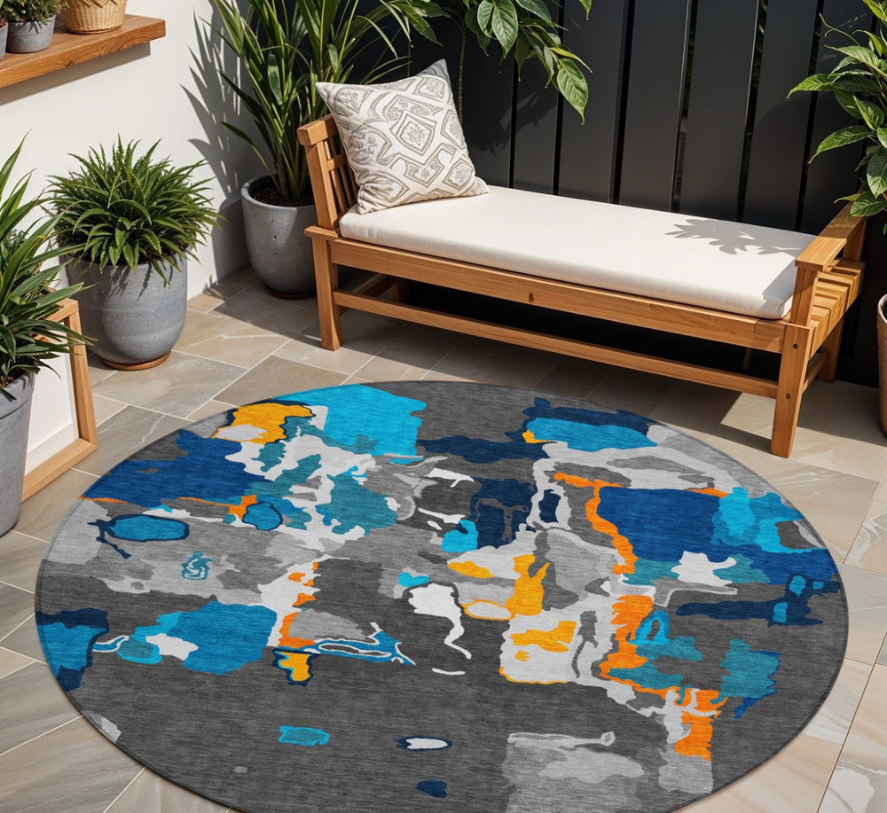 HomeRoots 5' Charcoal Copper and Teal Abstract Area Rug - Washable, Indoor/Outdoor, Durable & Stylish Design 8' Round 599546