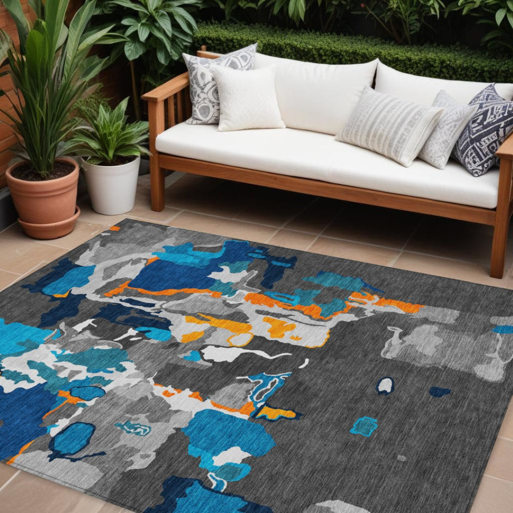HomeRoots 9' Abstract Charcoal, Copper & Teal Blue Washable Area Rug for Indoor & Outdoor Durability & Style 599548