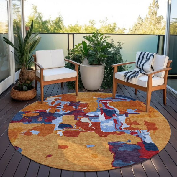 HomeRoots 5' Modern Copper Gray and Burgundy Abstract Washable Area Rug for Indoor and Outdoor Spaces 8' Round 599552