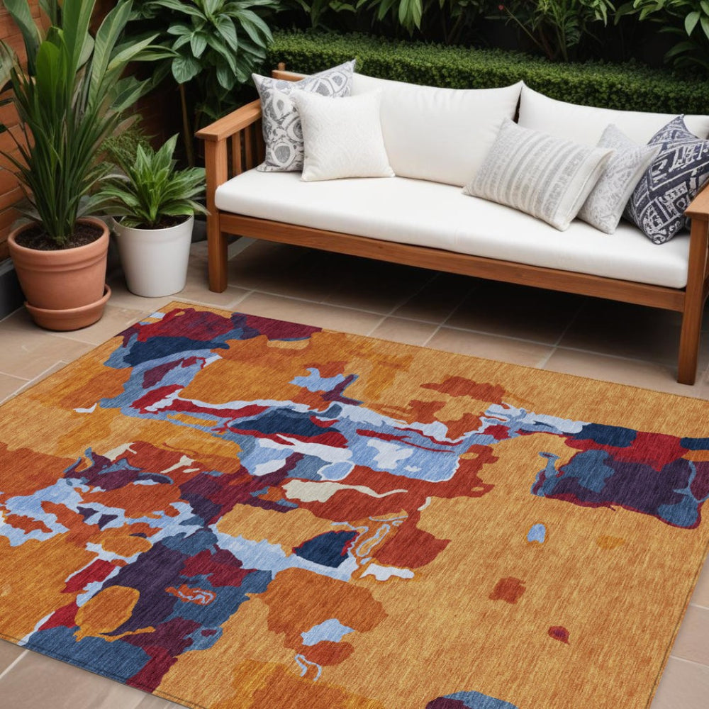HomeRoots 9' X 12' Copper Gray and Burgundy Abstract Area Rug - Stylish, Washable Mat for Indoor/Outdoor Use 599554