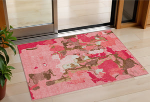 Homeroots 3' Aqua Green And Pink Abstract Washable Indoor Outdoor Area Rug - Perfect For Any Space! 3' X 5' Polyester 599556