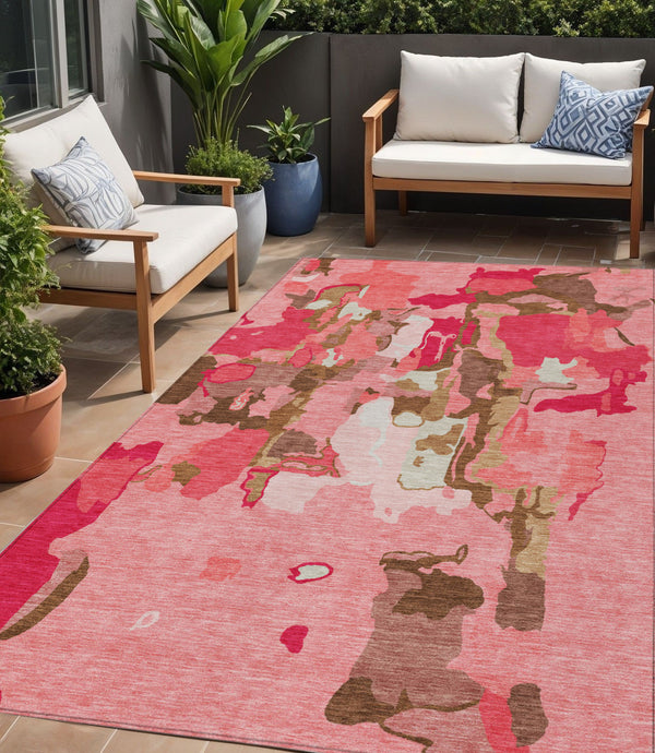 Homeroots 3' Aqua Green And Pink Abstract Washable Indoor Outdoor Area Rug - Perfect For Any Space! 5' X 8' Polyester 599557