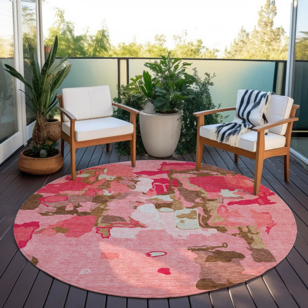 Homeroots 3' Aqua Green And Pink Abstract Washable Indoor Outdoor Area Rug - Perfect For Any Space! 8' Round Polyester 599558