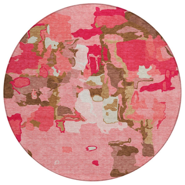 HomeRoots 5' Coral Pink and Brown Abstract Indoor Outdoor Area Rug - Modern, Washable, Durable Design for Any Space 8' Round 599558