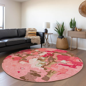Homeroots 3' Aqua Green And Pink Abstract Washable Indoor Outdoor Area Rug - Perfect For Any Space! 8' Round Polyester 599558