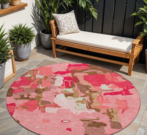 Homeroots 3' Aqua Green And Pink Abstract Washable Indoor Outdoor Area Rug - Perfect For Any Space! 8' Round Polyester 599558