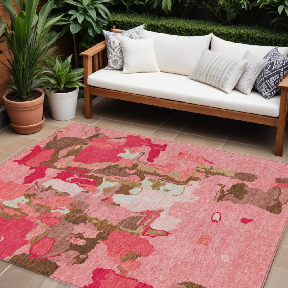 HomeRoots 9' Abstract Coral Pink & Brown Washable Indoor/Outdoor Area Rug - Stylish, Durable, Easy-Care Design 599560