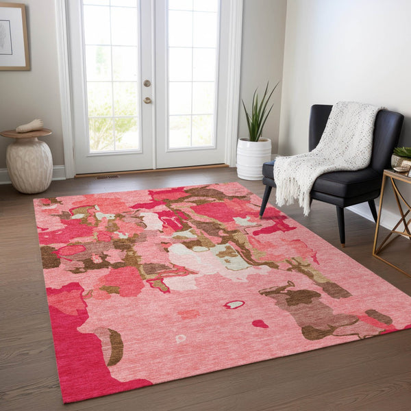 Homeroots 3' Aqua Green And Pink Abstract Washable Indoor Outdoor Area Rug - Perfect For Any Space! 9' X 12' Polyester 599560