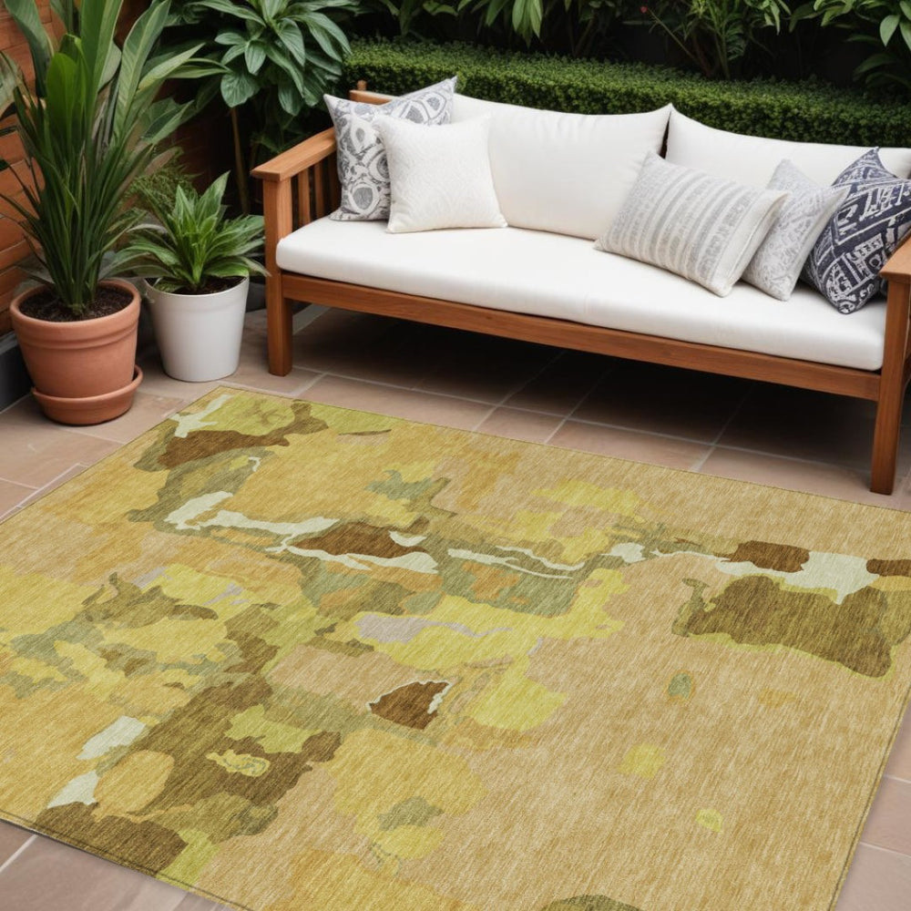 HomeRoots 5' Versatile Gold Brown and Green Abstract Indoor Outdoor Area Rug - Machine Washable Durability 8' X 10' 599571