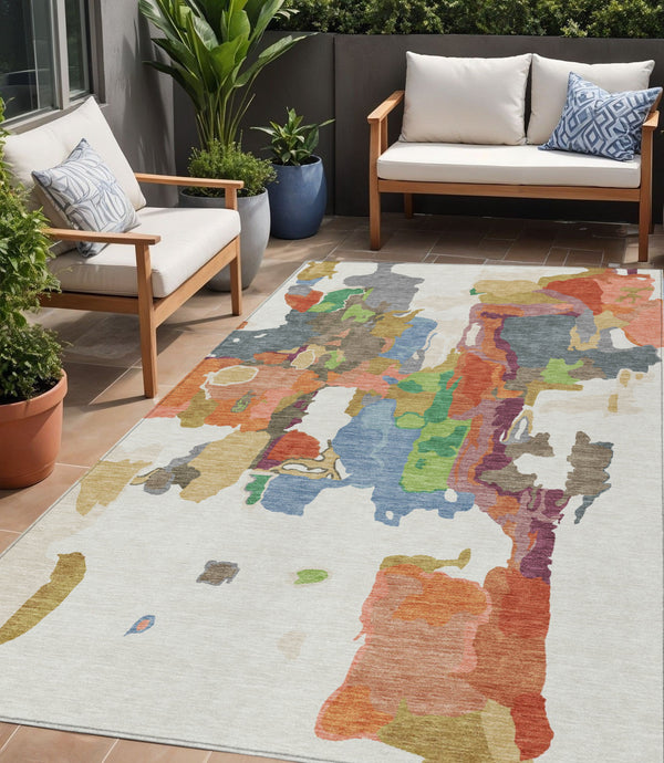 Homeroots 3' Aqua Green And Pink Abstract Washable Indoor Outdoor Area Rug - Perfect For Any Space! 5' X 8' Polyester 599581