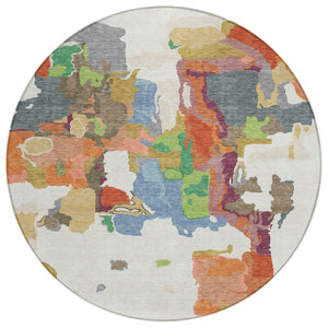 HomeRoots 5' Modern Abstract Ivory Pink Green Area Rug - Durable, Washable for Indoor and Outdoor Spaces 8' Round 599582