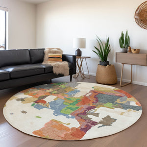 Homeroots 3' Aqua Green And Pink Abstract Washable Indoor Outdoor Area Rug - Perfect For Any Space! 8' Round Polyester 599582