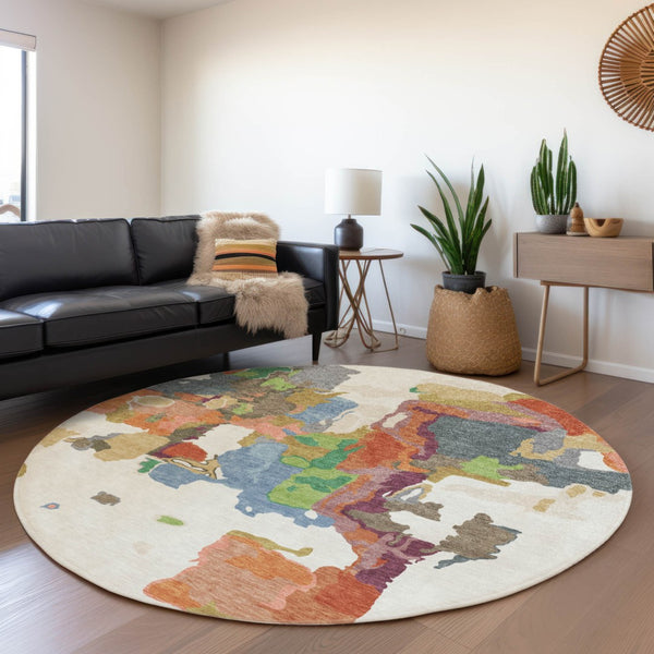 Homeroots 3' Aqua Green And Pink Abstract Washable Indoor Outdoor Area Rug - Perfect For Any Space! 8' Round Polyester 599582