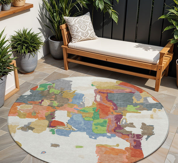 Homeroots 3' Aqua Green And Pink Abstract Washable Indoor Outdoor Area Rug - Perfect For Any Space! 8' Round Polyester 599582