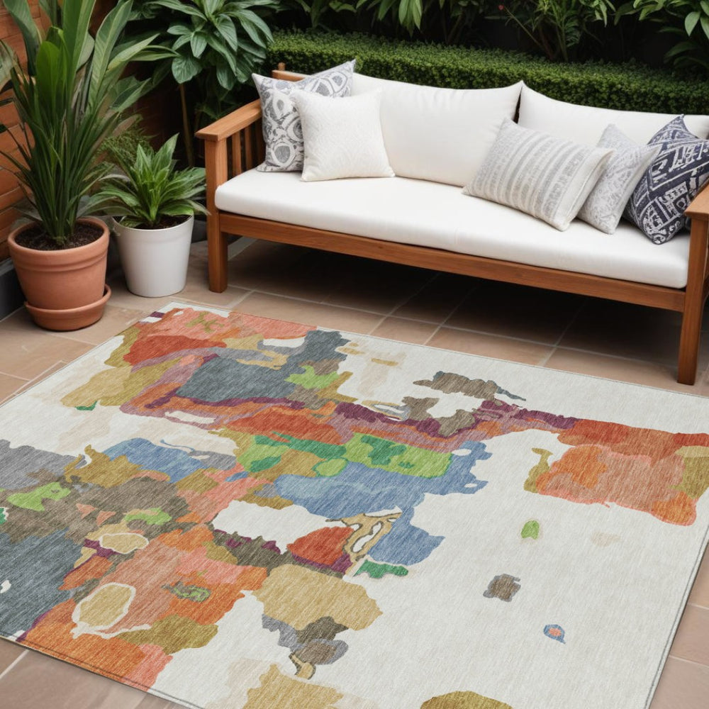 HomeRoots 9' X 12' Washable Ivory Pink Green Abstract Area Rug – Durable, Stylish for Indoor & Outdoor Use! 599584
