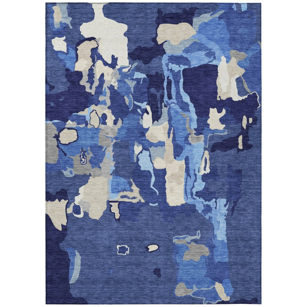 HomeRoots 5' Stylish Navy Blue Ivory Gray Abstract Indoor Outdoor Area Rug – Durable, Washable, Modern Design 5' X 8' 599587