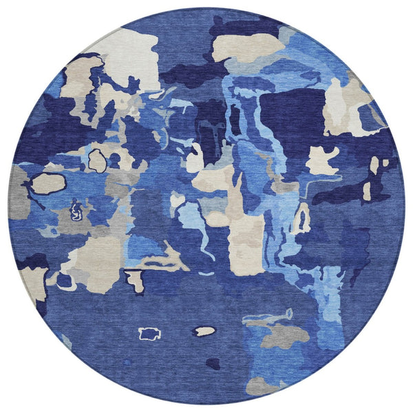 HomeRoots 5' Stylish Navy Blue Ivory Gray Abstract Indoor Outdoor Area Rug – Durable, Washable, Modern Design 8' Round 599588
