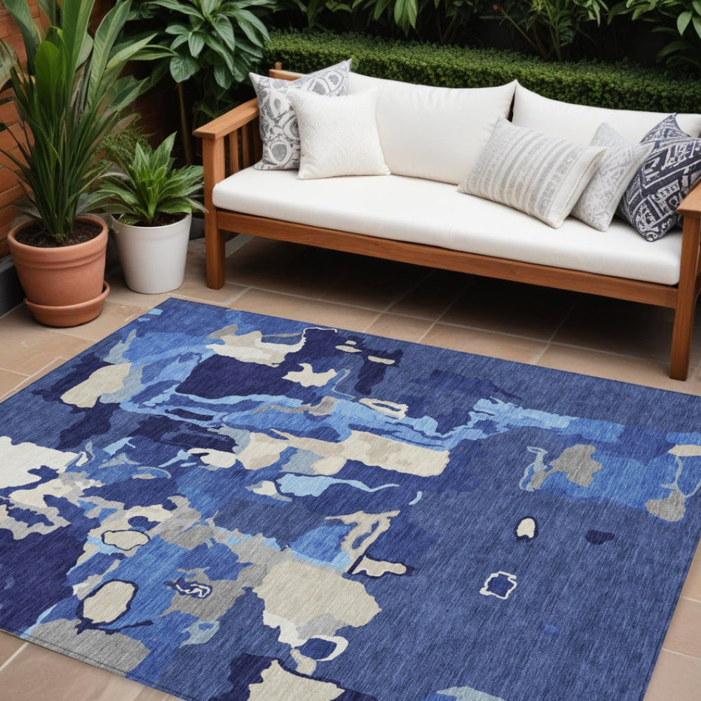 HomeRoots 9' X 12' Stylish Navy Blue, Ivory & Gray Abstract Washable Area Rug for Indoor & Outdoor Spaces 599590