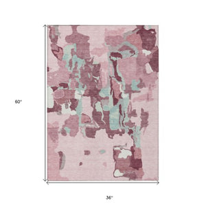 Homeroots 3' Aqua Green And Pink Abstract Washable Indoor Outdoor Area Rug - Perfect For Any Space! 3' X 5' Polyester 599592