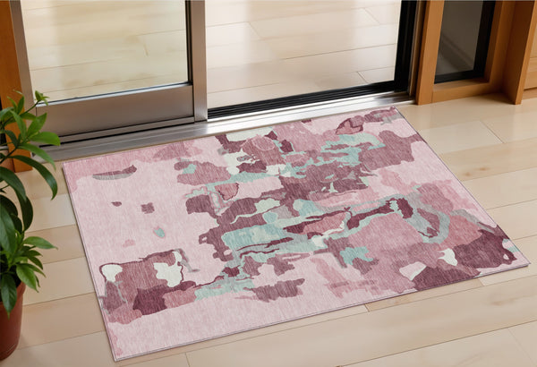 Homeroots 3' Aqua Green And Pink Abstract Washable Indoor Outdoor Area Rug - Perfect For Any Space! 3' X 5' Polyester 599592