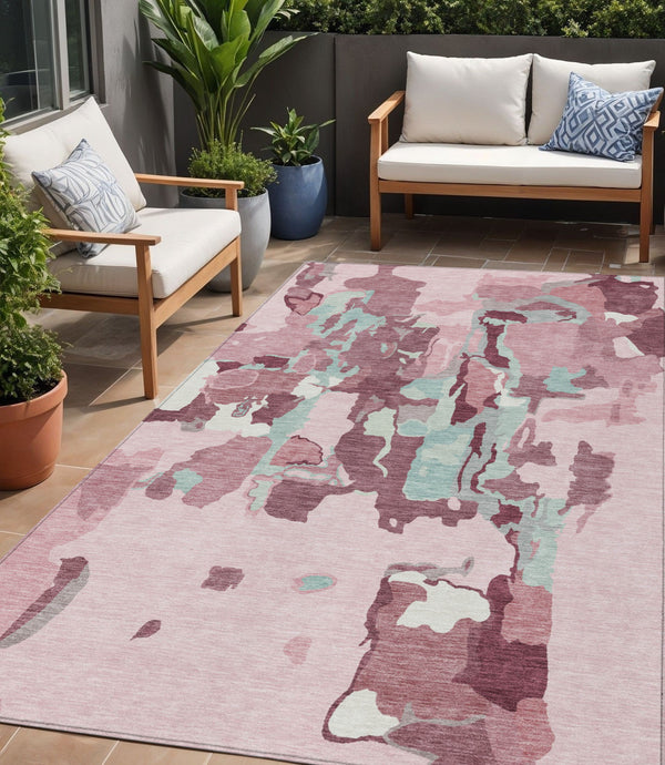 Homeroots 3' Aqua Green And Pink Abstract Washable Indoor Outdoor Area Rug - Perfect For Any Space! 5' X 8' Polyester 599593