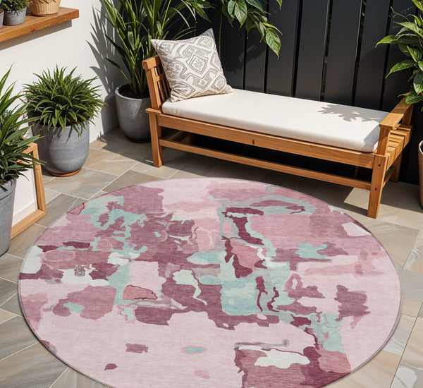 Homeroots 3' Aqua Green And Pink Abstract Washable Indoor Outdoor Area Rug - Perfect For Any Space! 8' Round Polyester 599594
