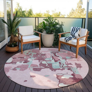 Homeroots 3' Aqua Green And Pink Abstract Washable Indoor Outdoor Area Rug - Perfect For Any Space! 8' Round Polyester 599594