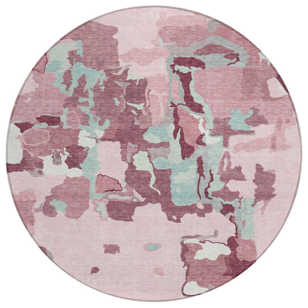HomeRoots 5' Pink and Gray Abstract Washable Area Rug - Perfect for Indoor or Outdoor Spaces, Easy Care! 8' Round 599594