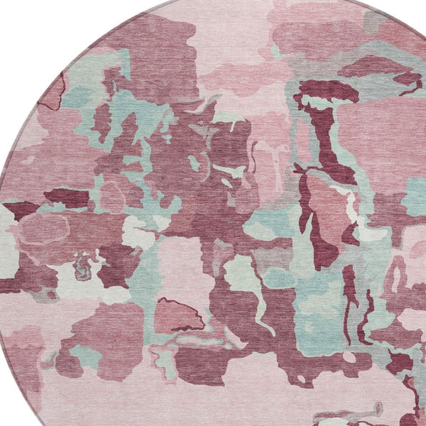 Homeroots 3' Aqua Green And Pink Abstract Washable Indoor Outdoor Area Rug - Perfect For Any Space! 8' Round Polyester 599594