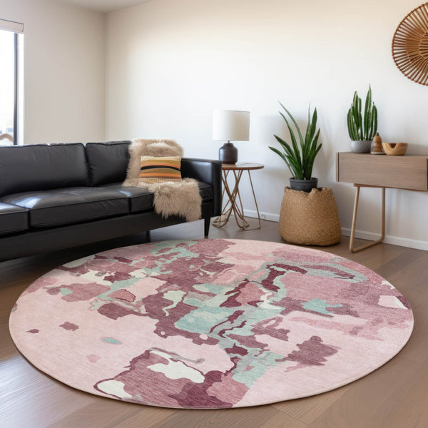 Homeroots 3' Aqua Green And Pink Abstract Washable Indoor Outdoor Area Rug - Perfect For Any Space! 8' Round Polyester 599594