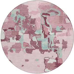 Homeroots 3' Aqua Green And Pink Abstract Washable Indoor Outdoor Area Rug - Perfect For Any Space! 8' Round Polyester 599594