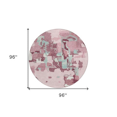 Homeroots 3' Aqua Green And Pink Abstract Washable Indoor Outdoor Area Rug - Perfect For Any Space! 8' Round Polyester 599594