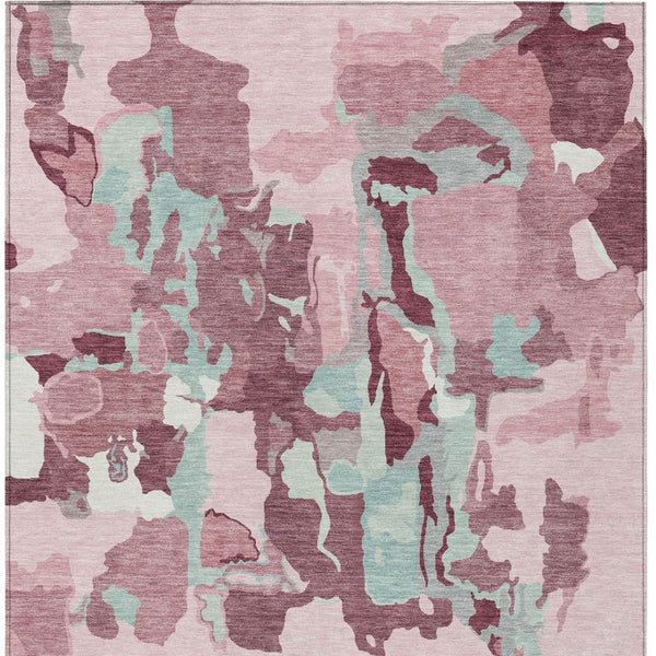 Homeroots 3' Aqua Green And Pink Abstract Washable Indoor Outdoor Area Rug - Perfect For Any Space! 8' X 10' Polyester 599595
