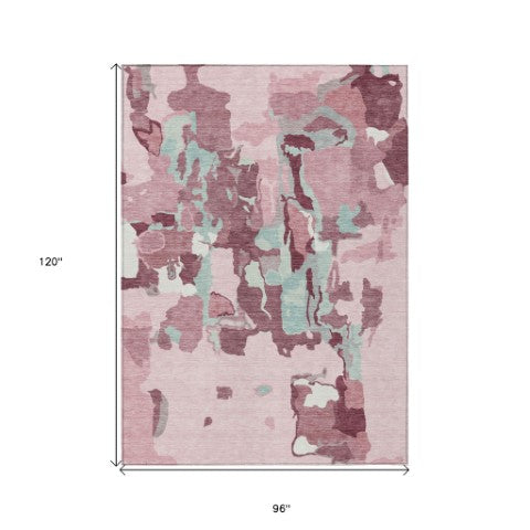 Homeroots 3' Aqua Green And Pink Abstract Washable Indoor Outdoor Area Rug - Perfect For Any Space! 8' X 10' Polyester 599595