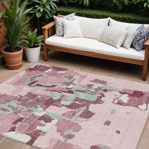Homeroots 3' Aqua Green And Pink Abstract Washable Indoor Outdoor Area Rug - Perfect For Any Space! 8' X 10' Polyester 599595