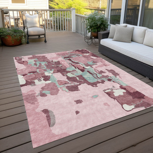Homeroots 3' Aqua Green And Pink Abstract Washable Indoor Outdoor Area Rug - Perfect For Any Space! 8' X 10' Polyester 599595