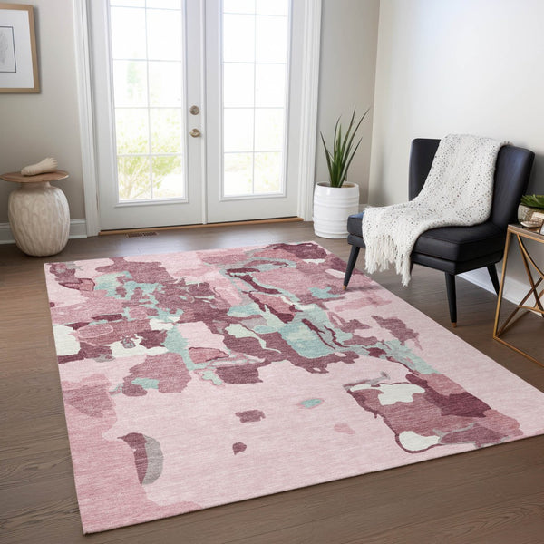 Homeroots 3' Aqua Green And Pink Abstract Washable Indoor Outdoor Area Rug - Perfect For Any Space! 10' X 14' Polyester 599597