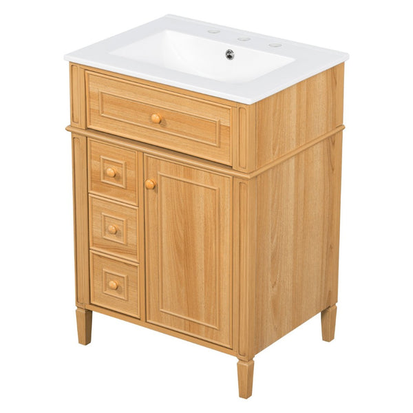 English Elm 24" Solid Pine Bathroom Vanity Cabinet with Ceramic Sink Soft Close Drawers N725P375500N