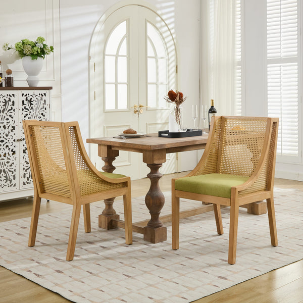 English Elm Rattan Solid Wood Dining Chair with Linen Seat and Decorative Armrests, Rustic Natural Finish Olive Green W1143P335054