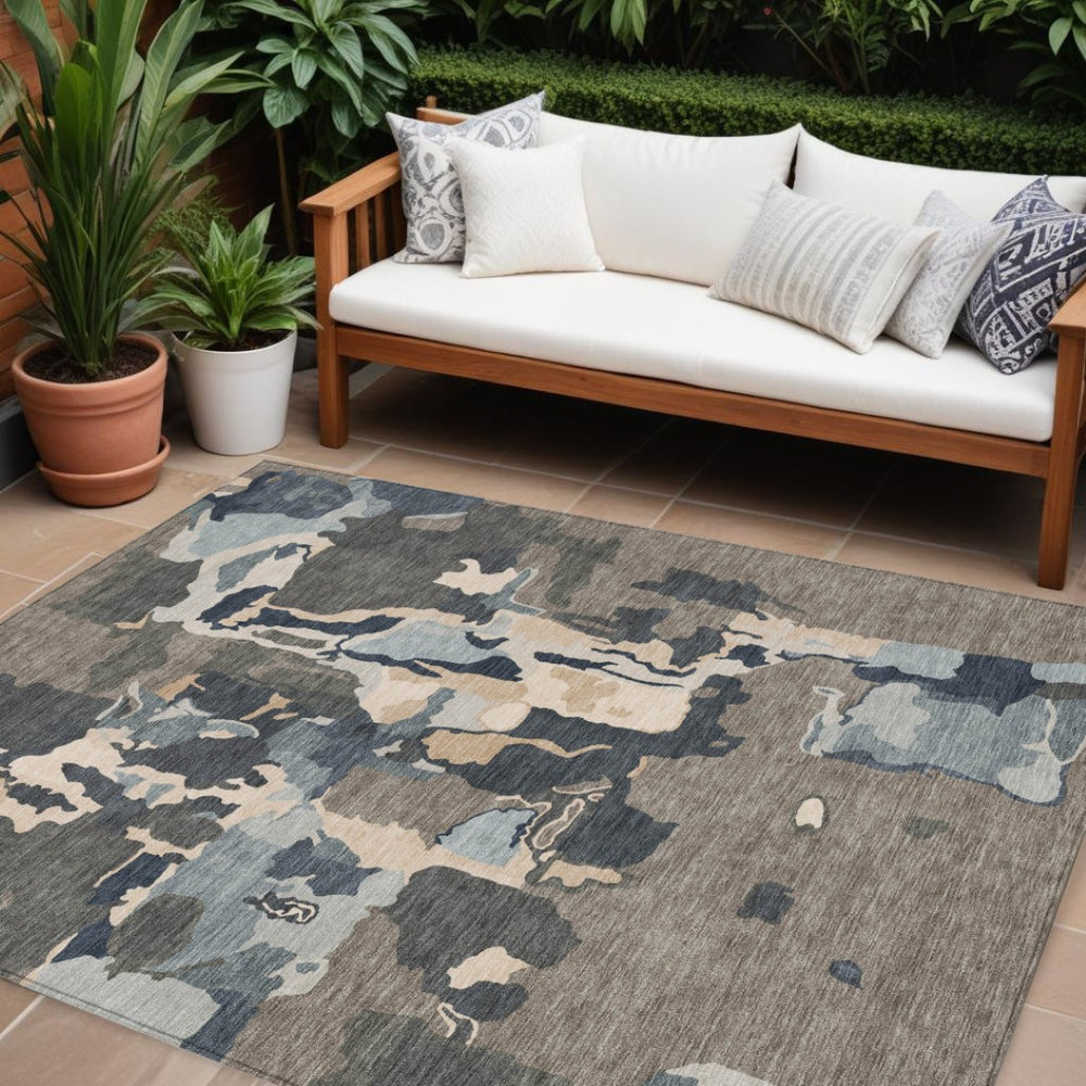 HomeRoots 9' X 12' Taupe Gray and Beige Abstract Washable Area Rug for Indoor & Outdoor High-Traffic Spaces 599602
