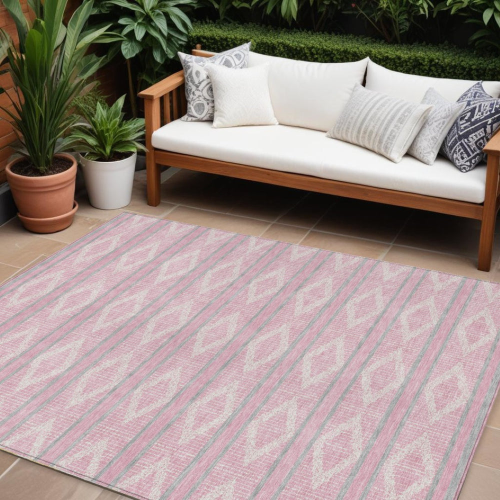 HomeRoots 9' X 12' Stylish Pink, Ivory & Gray Geometric Washable Area Rug for Indoor & Outdoor Spaces 599650