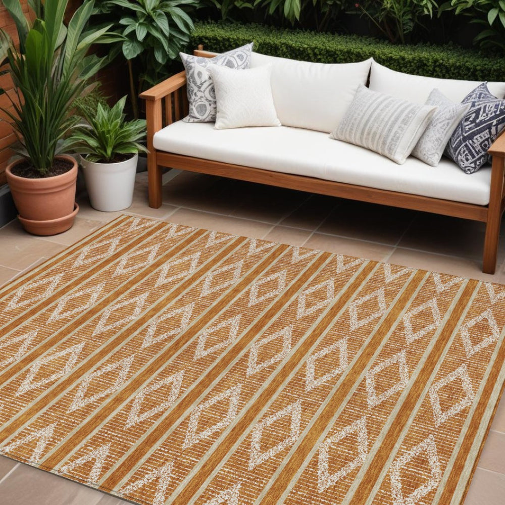 HomeRoots 9' Copper and Ivory Geometric Washable Area Rug – Stylish, Durable, Indoor/Outdoor, Easy-Care Design 599656