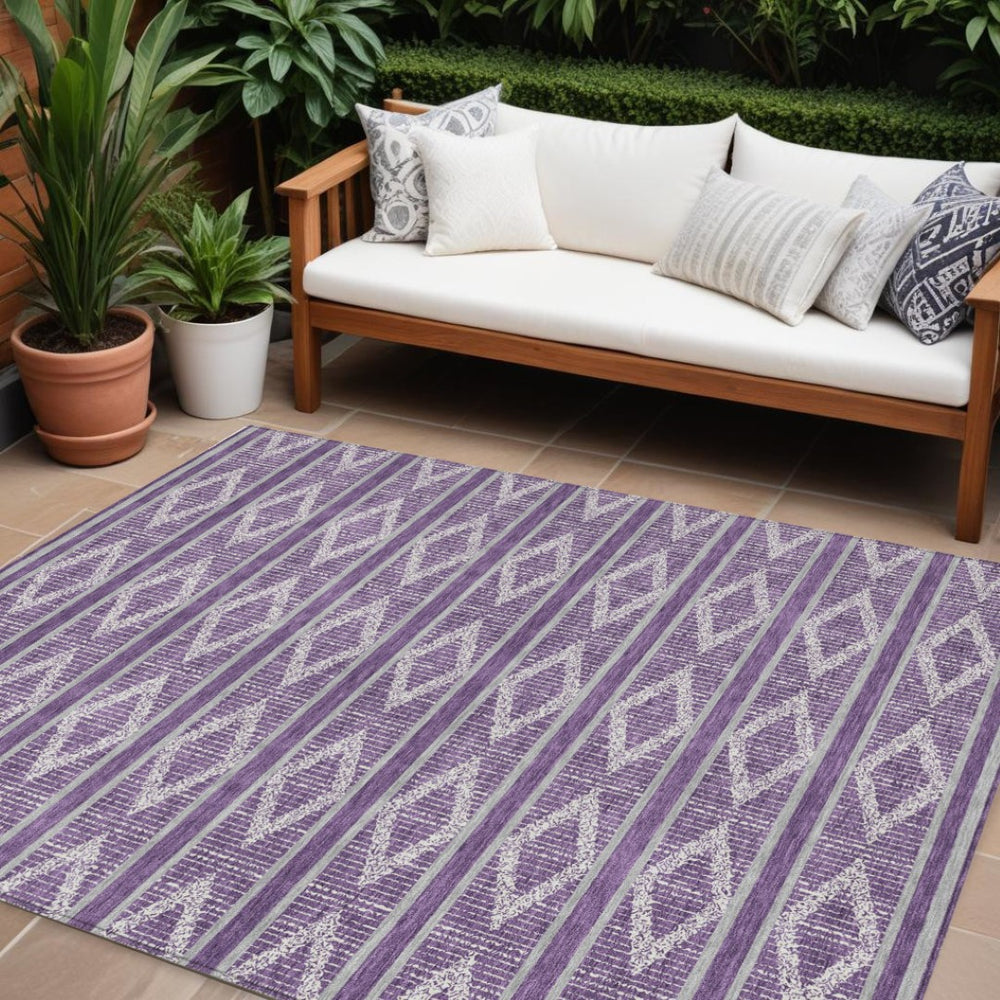 HomeRoots 9' Geometric Area Rug in Purple, Gray & Ivory – Washable, Durable Indoor/Outdoor Design for Any Space 599662